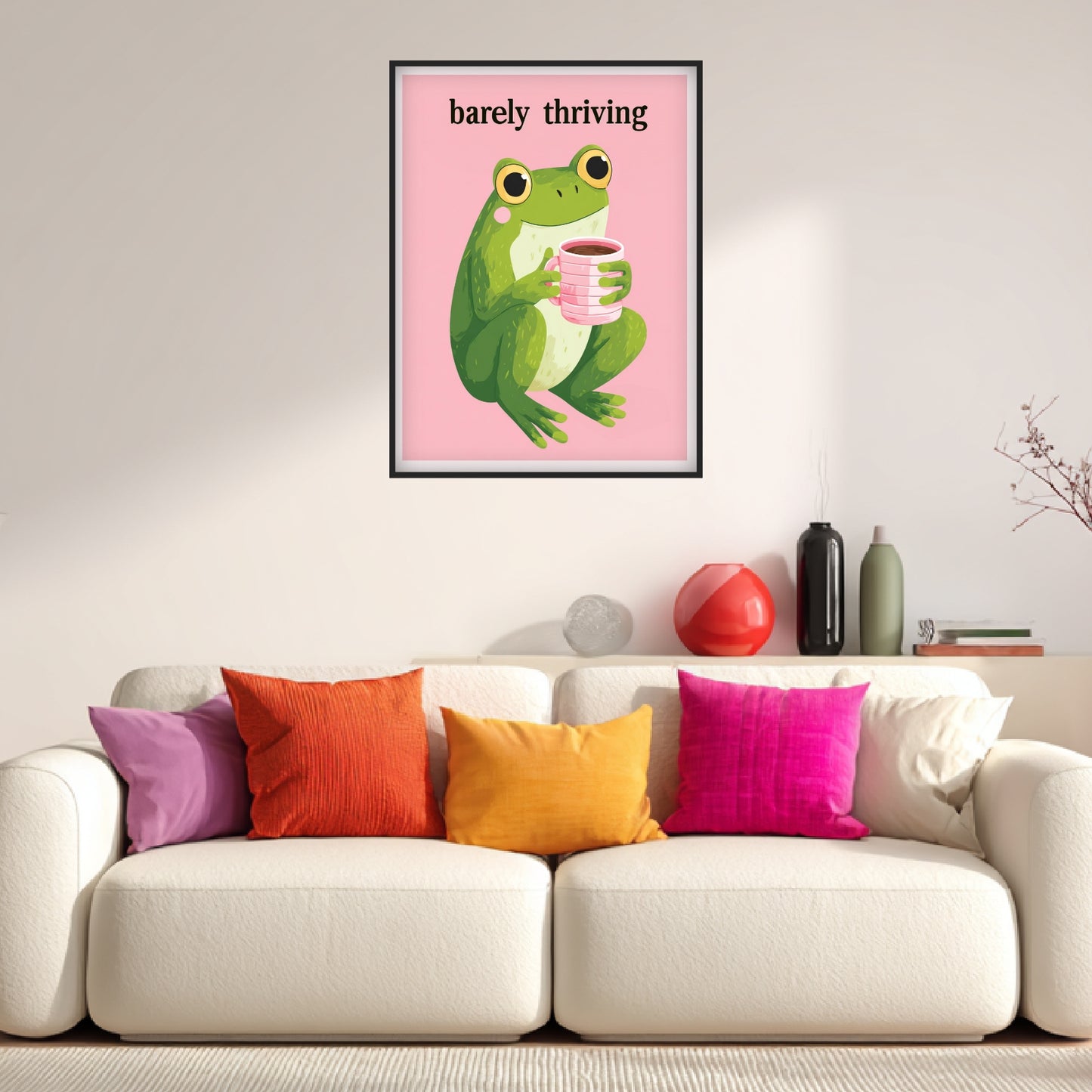 Frosch mit pinker Kaffeetasse Leinwandbild