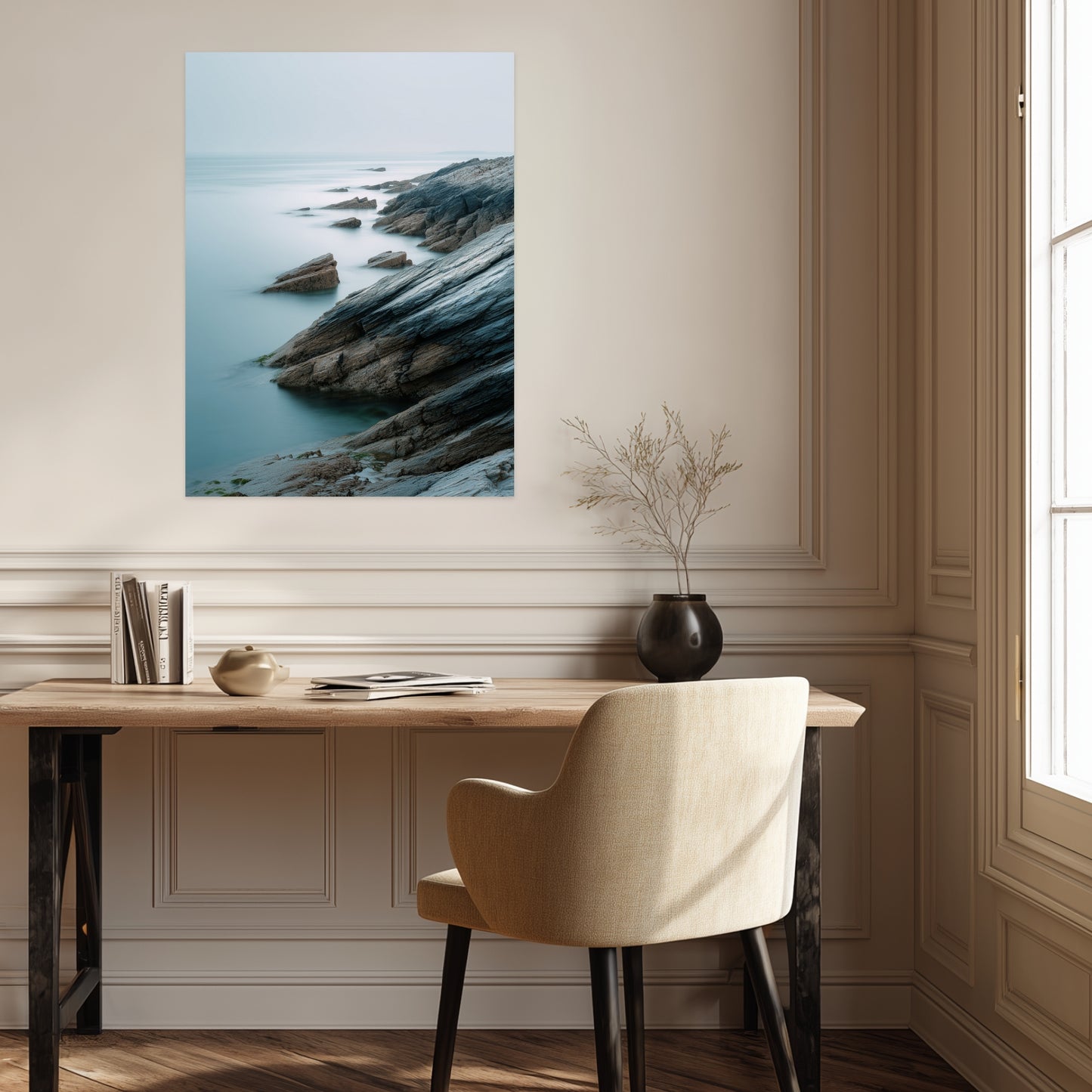 Felsige Küste im Nebel Poster