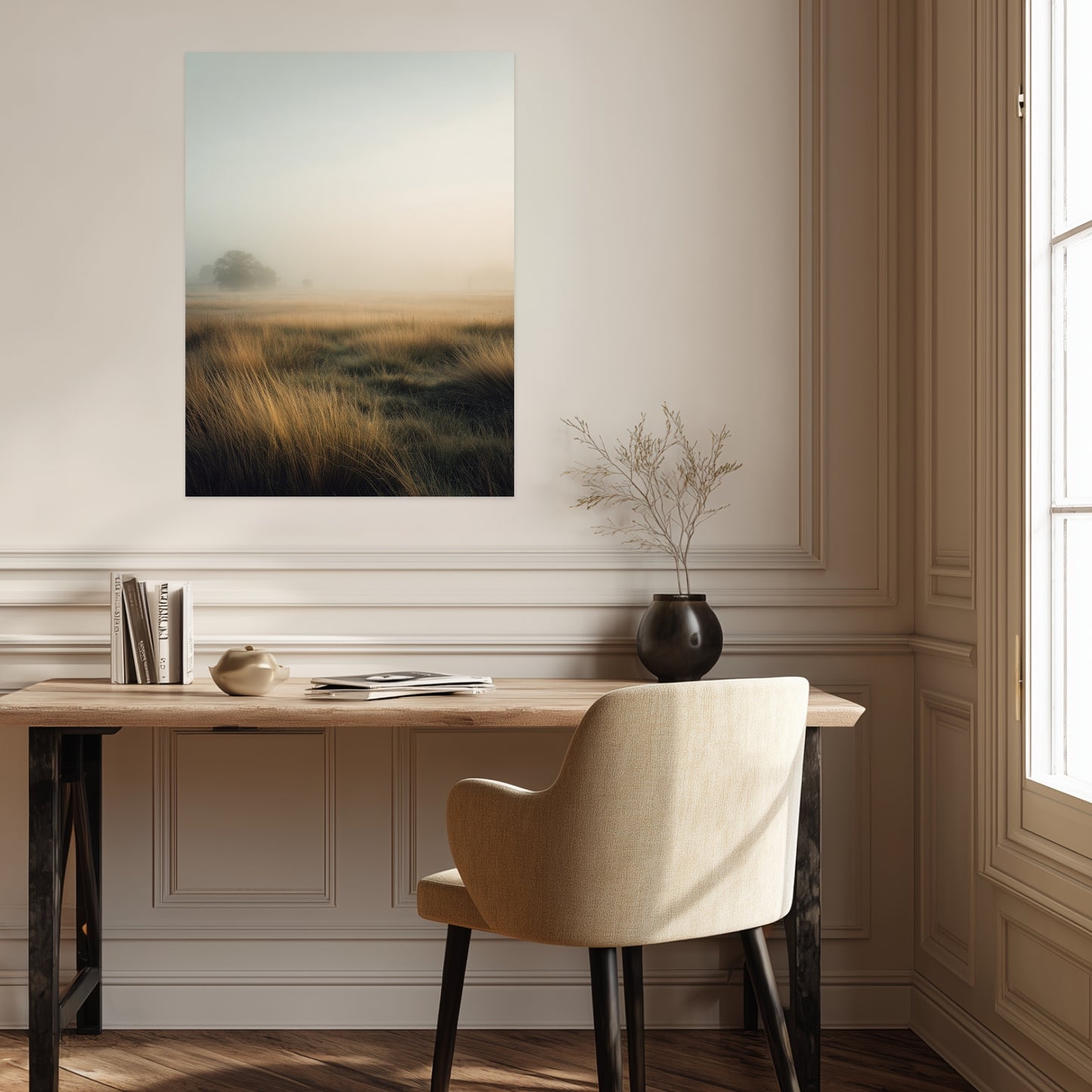 Goldene Gräser im Nebel Leinwandbild