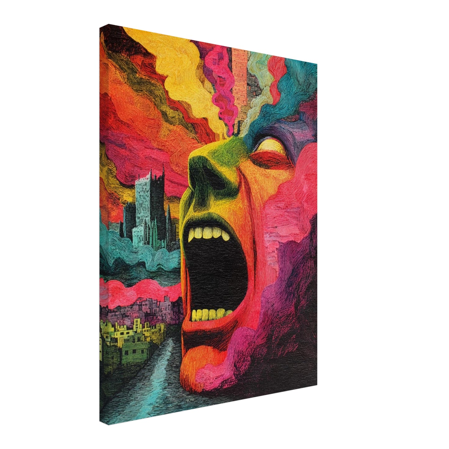 Schreiendes Gesicht mit Farbenrausch Leinwandbild