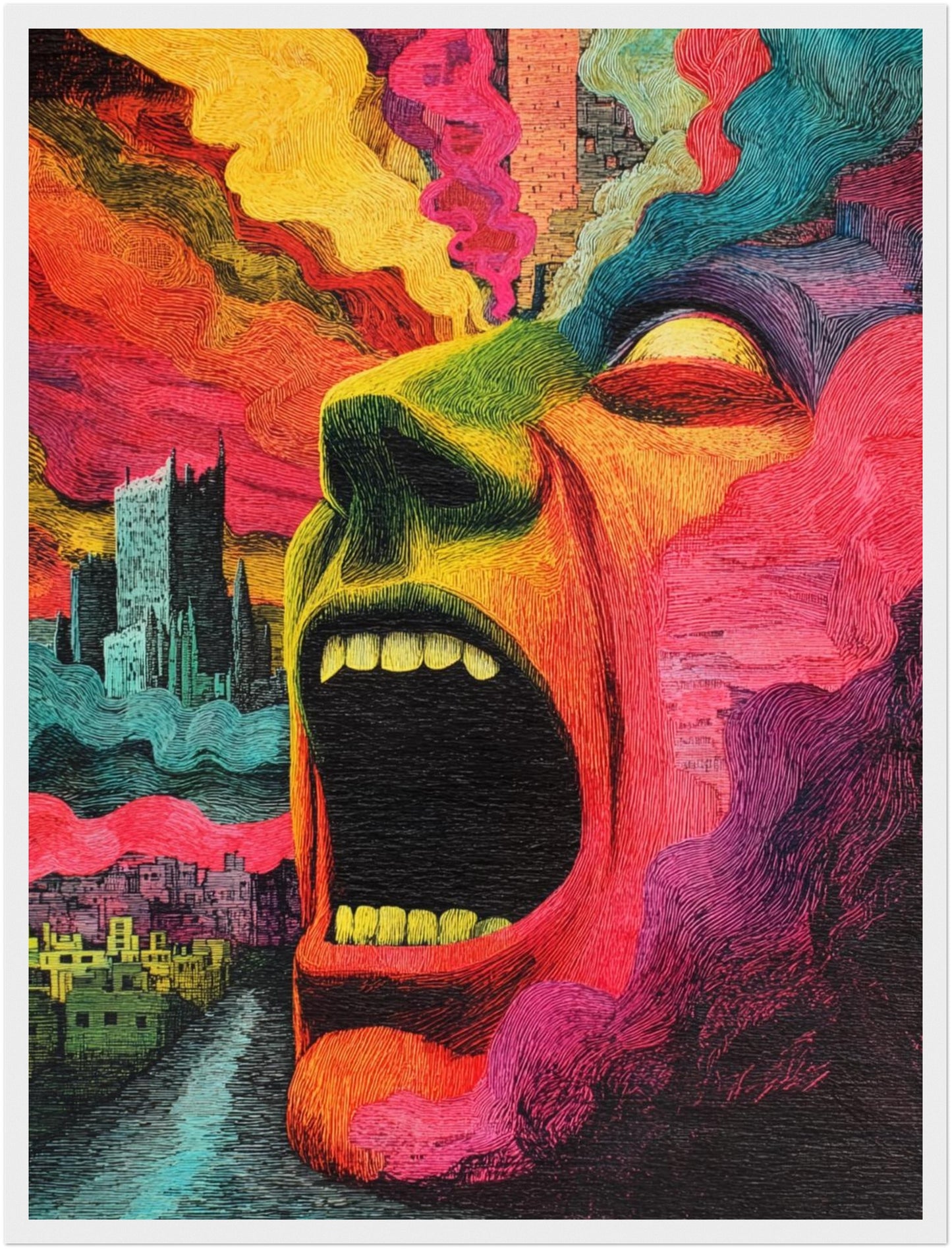 Schreiendes Gesicht mit Farbenrausch Poster