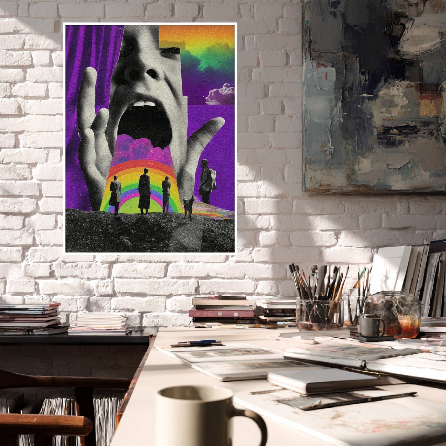 Schreiendes Gesicht mit Regenbogen Poster