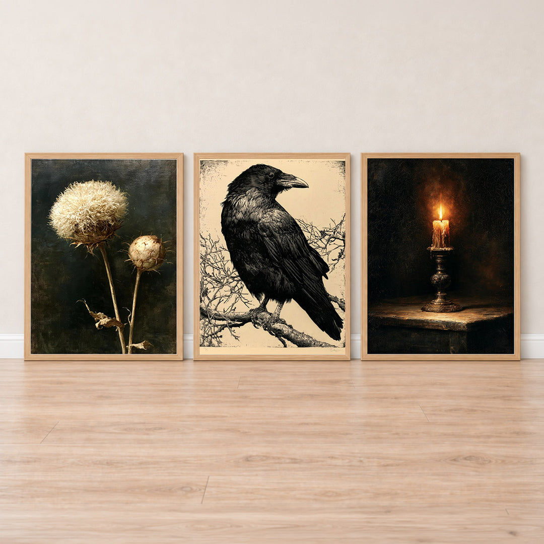Set-Ansicht: Dunkle Akademie Poster Set – Rabe, Distel & Kerze (3er)