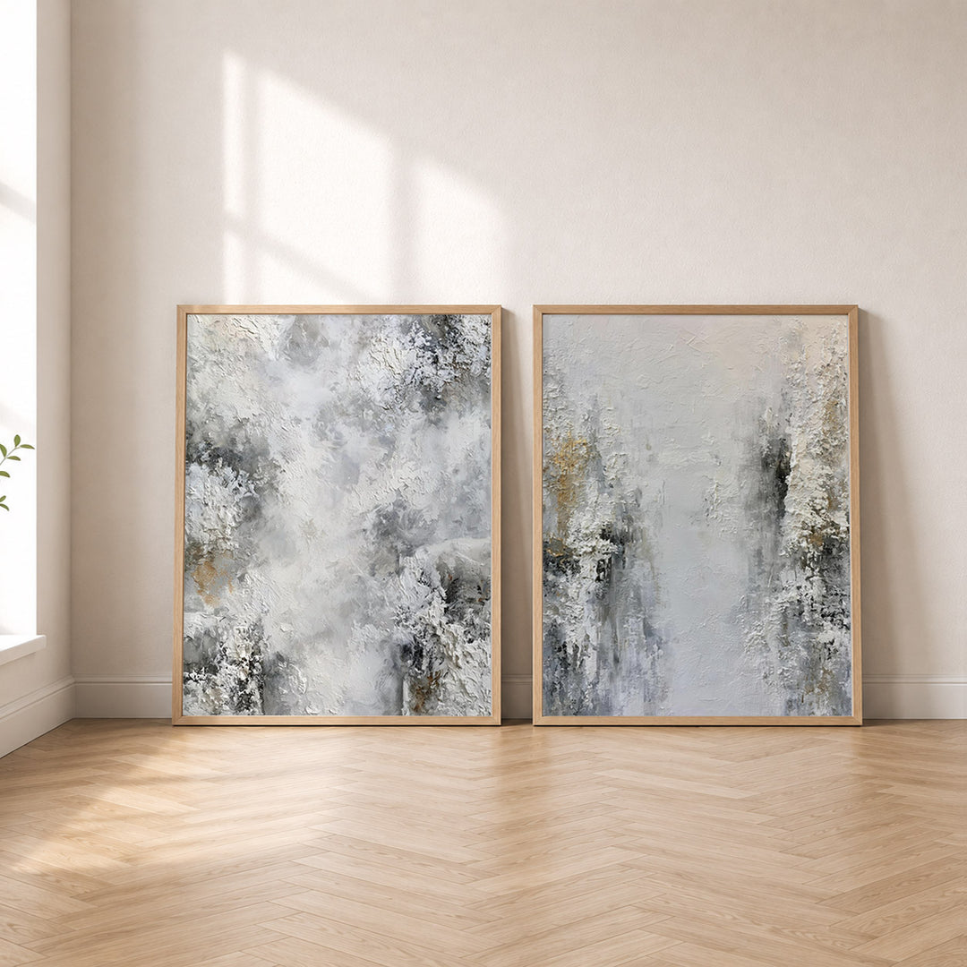 Set-Ansicht: Abstraktes Poster Set – Winter in Weiß & Grau (2er)