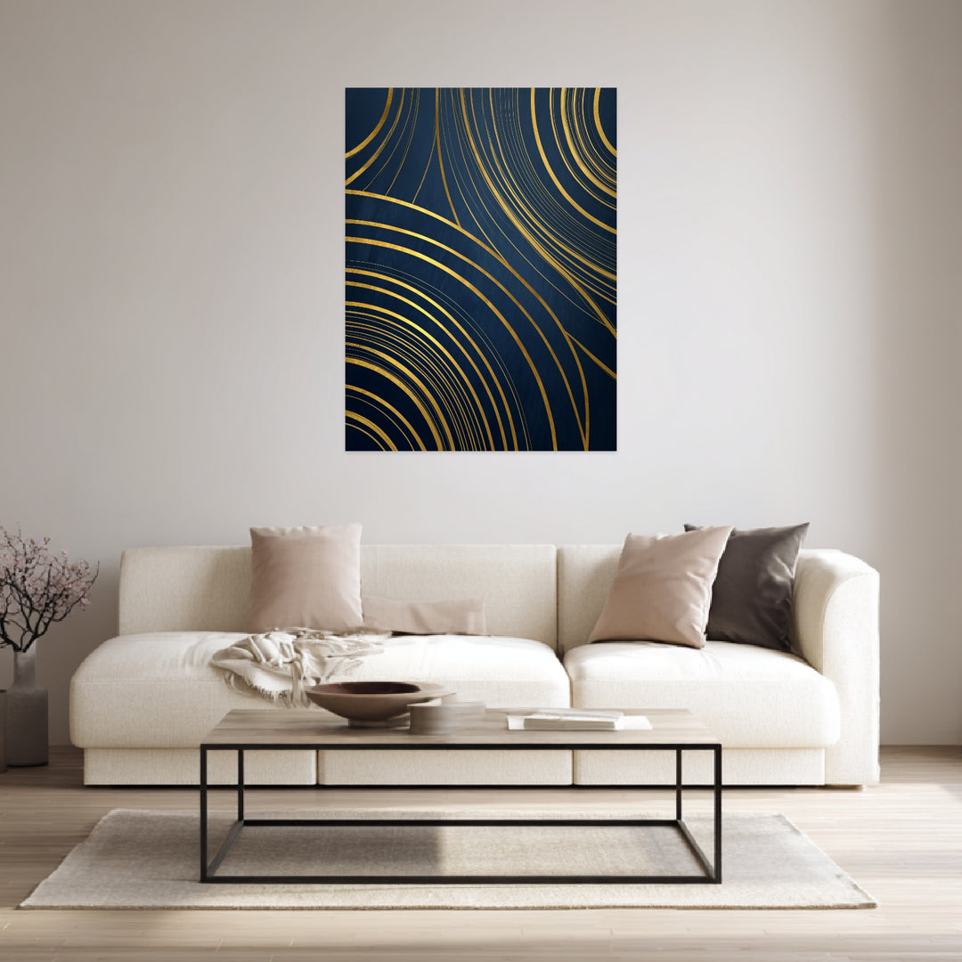 Goldene Linien auf Blau Leinwandbild abstrakt – Leinwand auf Holzrahmen – Ansicht 3