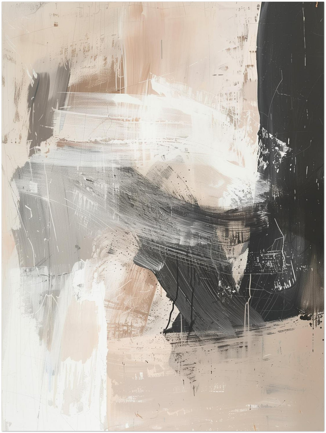 Abstrakte Pinselstriche Beige Schwarz abstrakt – Wandkunst