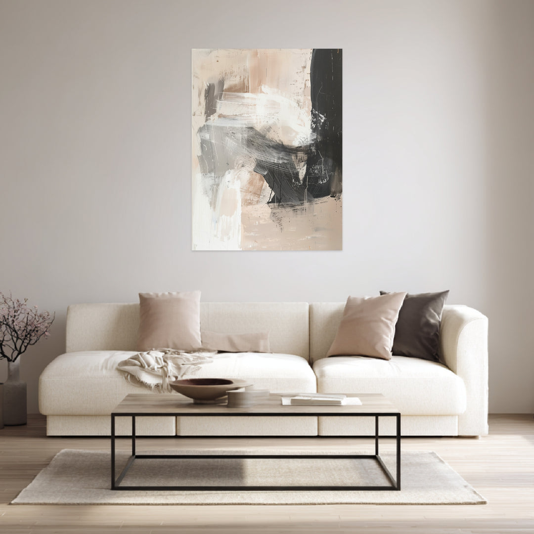 Abstrakte Pinselstriche Beige Schwarz Leinwandbild abstrakt – Leinwand auf Holzrahmen – Ansicht 4