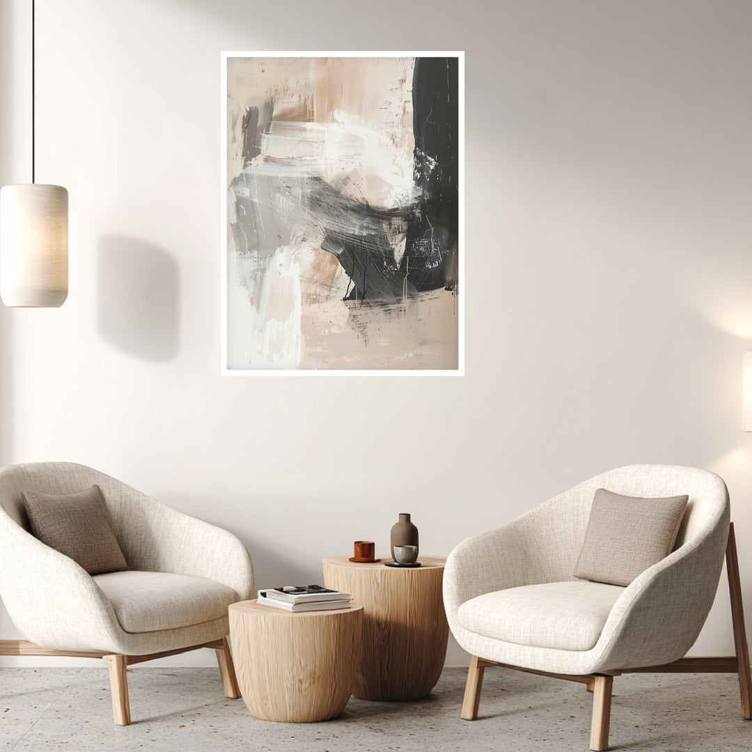 Abstrakte Pinselstriche Beige Schwarz Leinwandbild abstrakt – Leinwand auf Holzrahmen – Ansicht 3