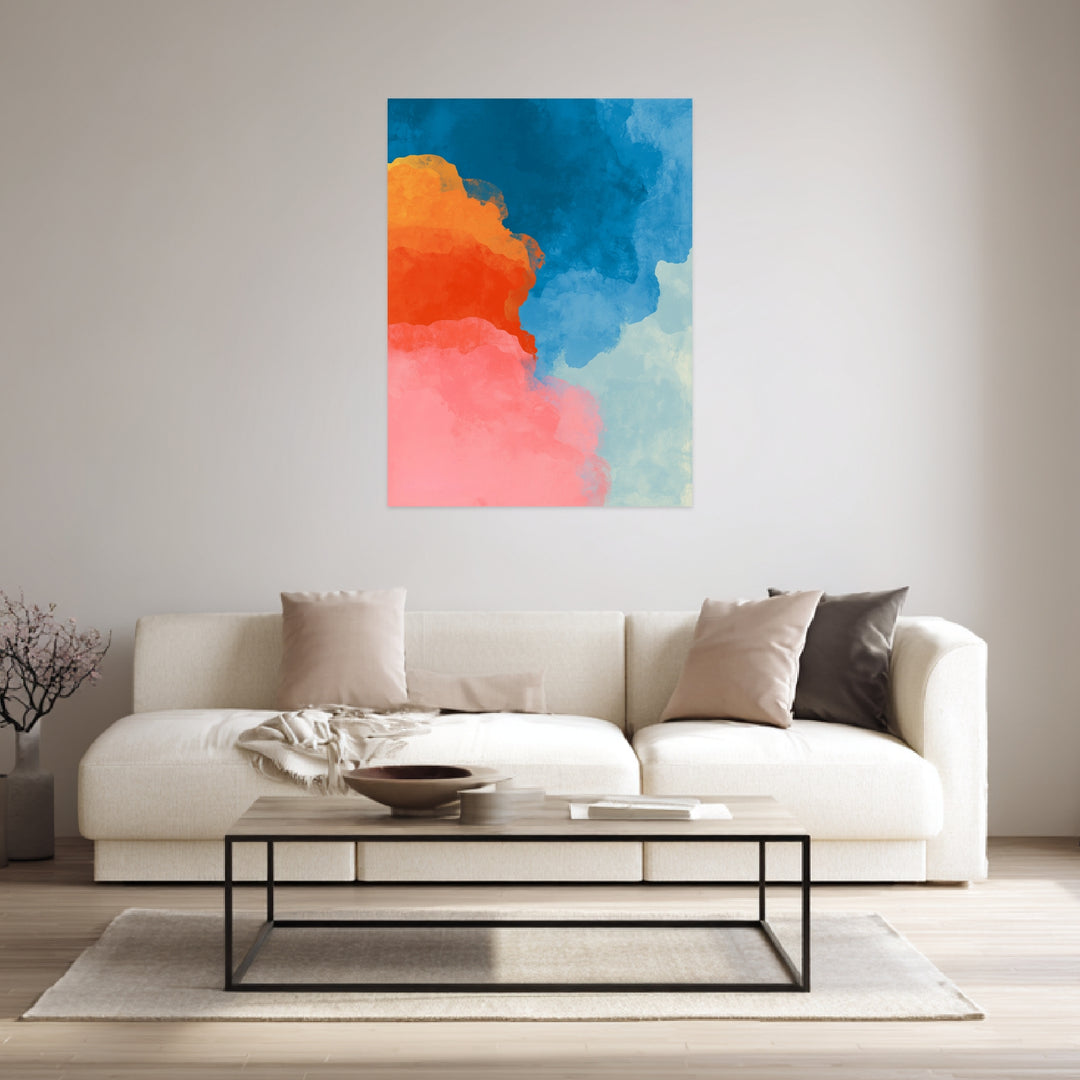Blaue Orange Rosa Farbflächen Leinwandbild abstrakt – Leinwand auf Holzrahmen – Ansicht 3