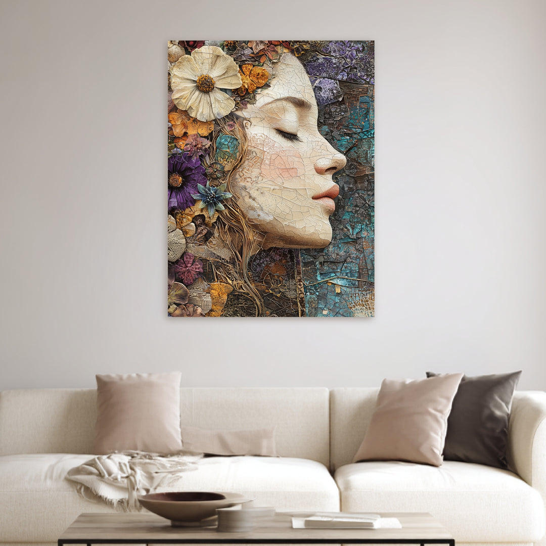 Blumenfrau Mosaik Leinwandbild spirituell – Leinwand auf Holzrahmen – Ansicht 3