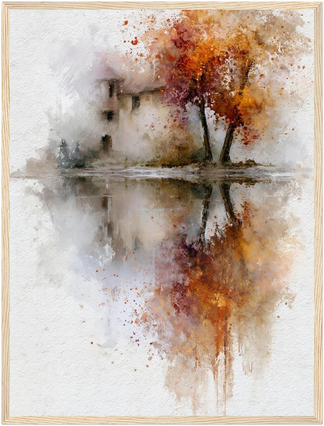 Herbstbaum am Wasser Poster – Holz natur Rahmen – Produktfoto