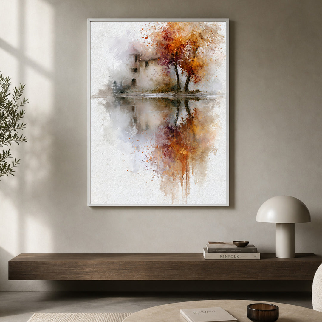 Herbstbaum am Wasser Poster – Weißer Rahmen – Produktfoto