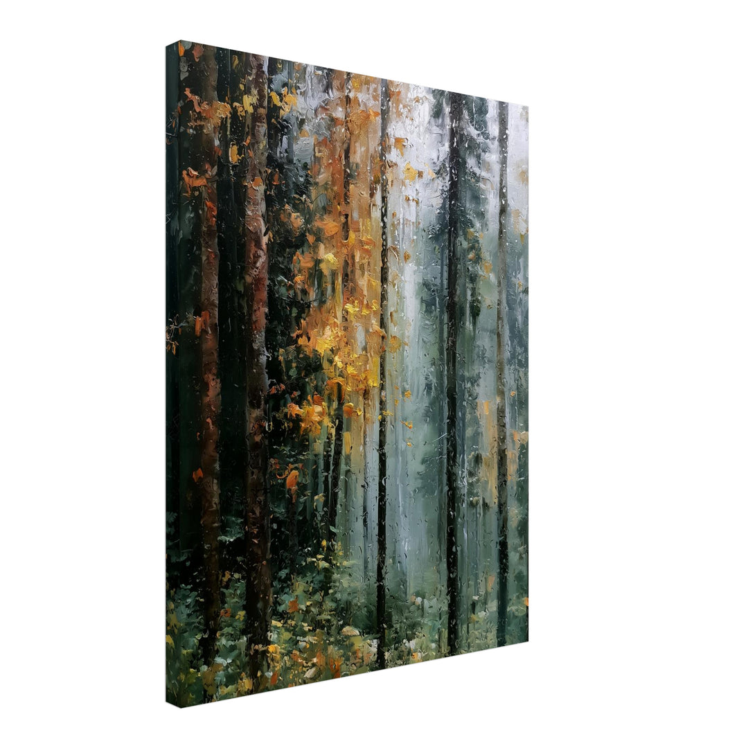 Herbstwald im Regen Leinwandbild – Schräge Ansicht – Produktfoto