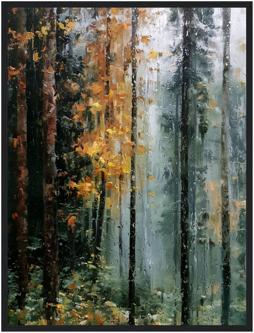 Herbstwald im Regen Poster – Schwarzer Rahmen – Produktfoto