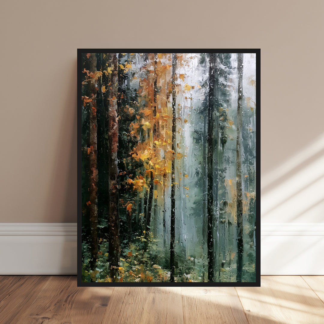 Herbstwald im Regen Poster – Schwarzer Rahmen – Produktfoto