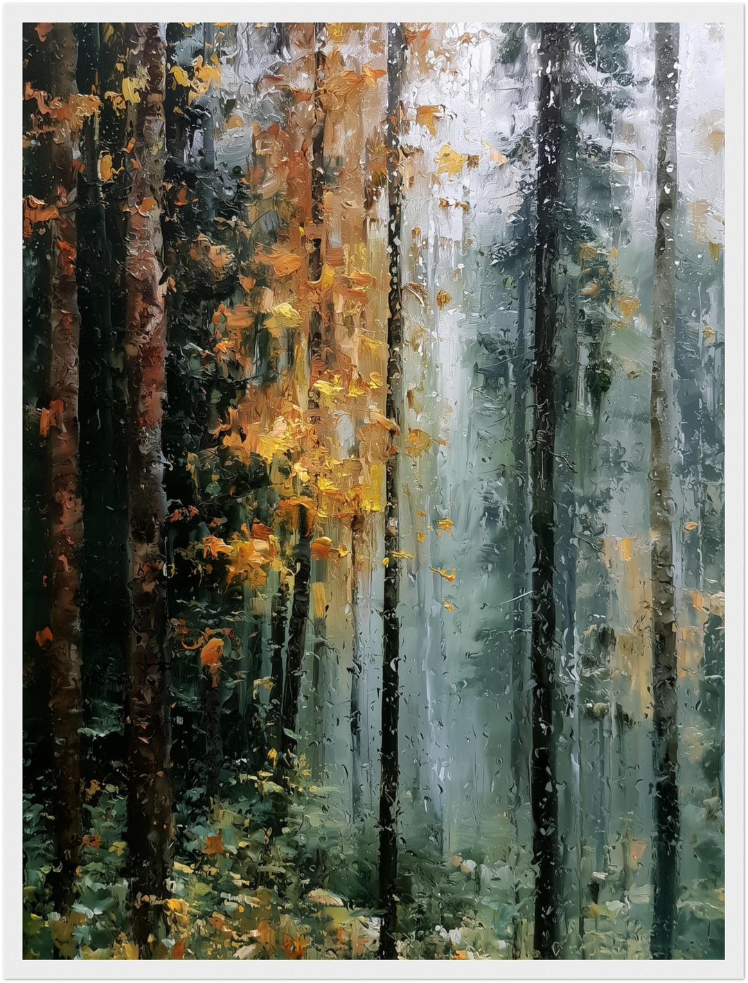 Herbstwald im Regen Poster – Weißer Rahmen – Produktfoto