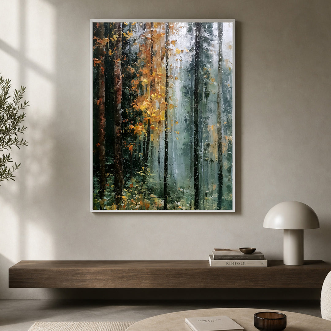 Herbstwald im Regen Poster – Weißer Rahmen – Produktfoto