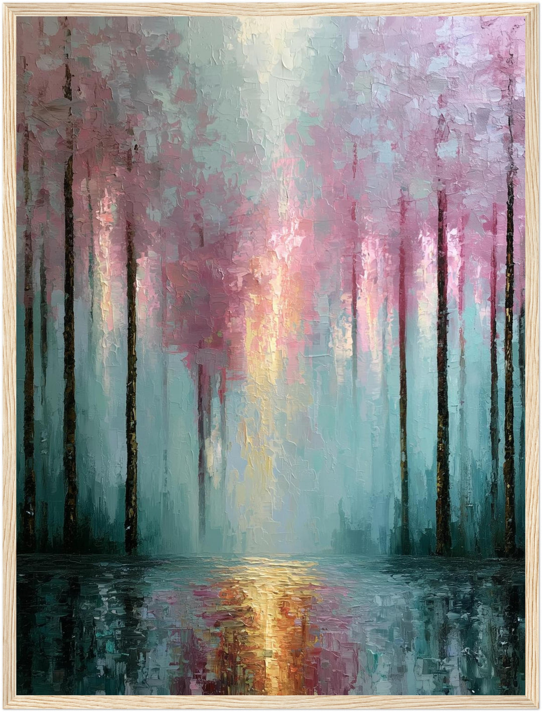 Winterwald im Rosenlicht Poster – Holz natur Rahmen – Produktfoto