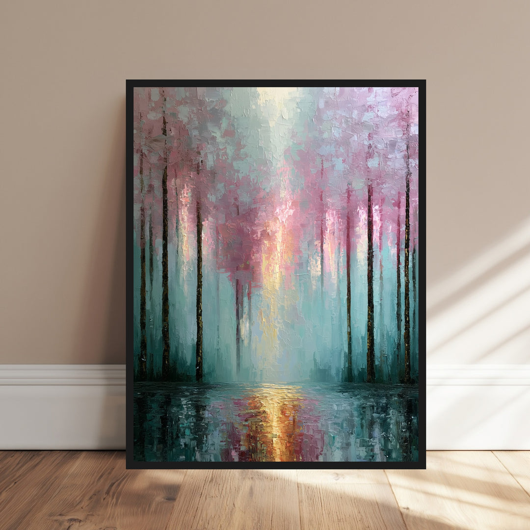 Winterwald im Rosenlicht Poster – Schwarzer Rahmen – Produktfoto