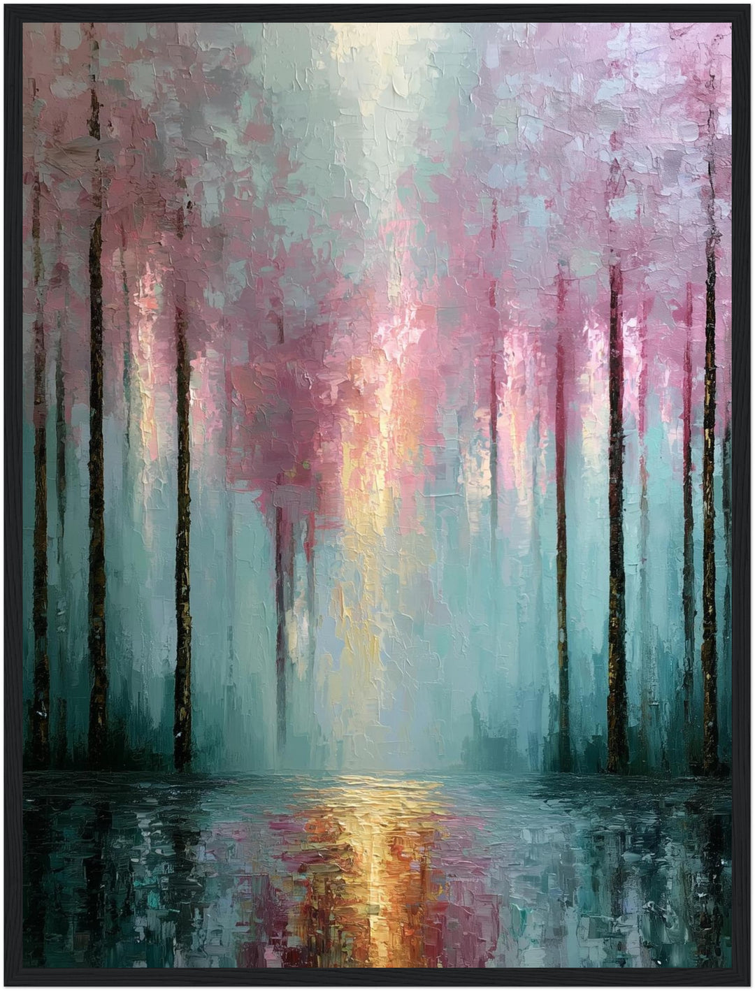 Winterwald im Rosenlicht Poster – Schwarzer Rahmen – Produktfoto