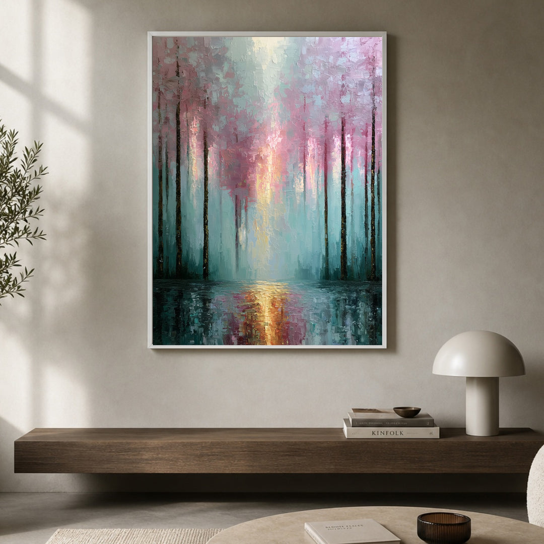 Winterwald im Rosenlicht Poster – Weißer Rahmen – Produktfoto