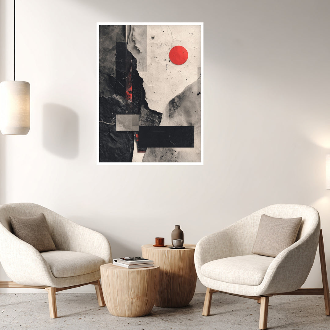 Roter Punkt graue Strukturen Poster abstrakt – mattes Kunstdruck-Papier – Ansicht 4