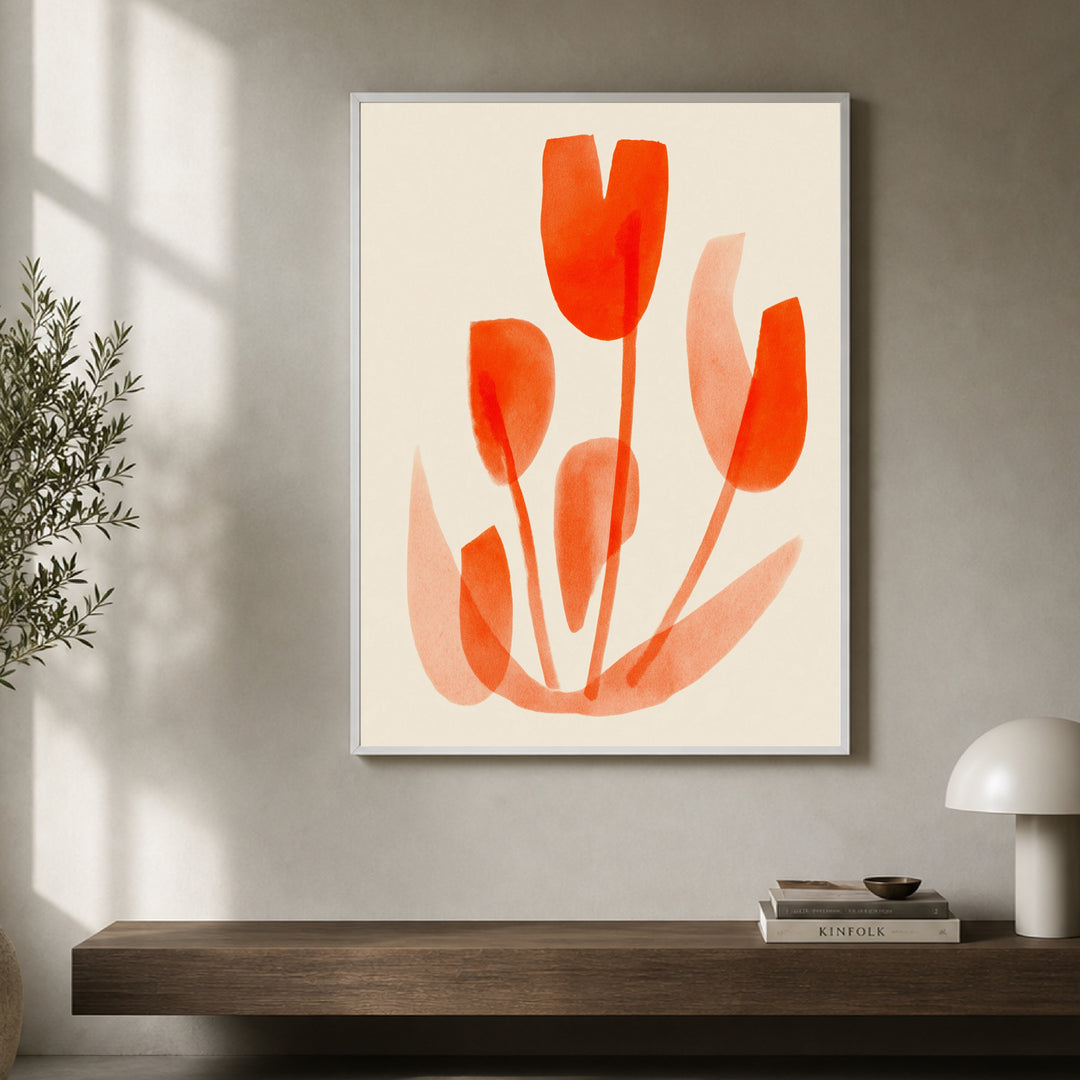 Tangerine Tulpen Poster – Weißer Rahmen – Produktfoto