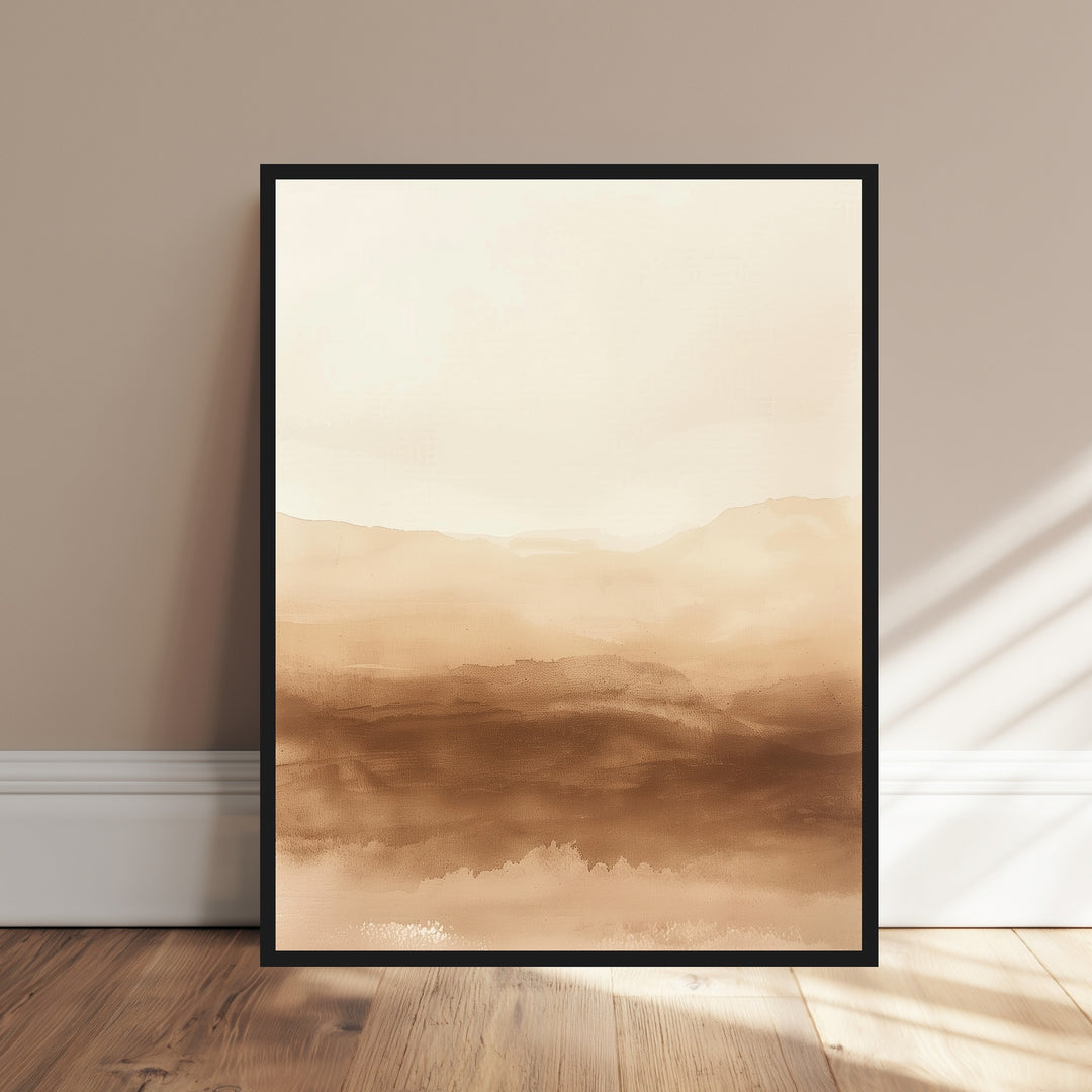 Wüstenlandschaft im Dunst Poster – Schwarzer Rahmen – Produktfoto