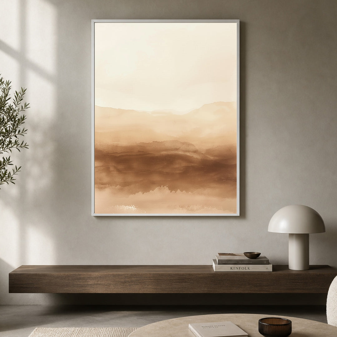 Wüstenlandschaft im Dunst Poster – Weißer Rahmen – Produktfoto