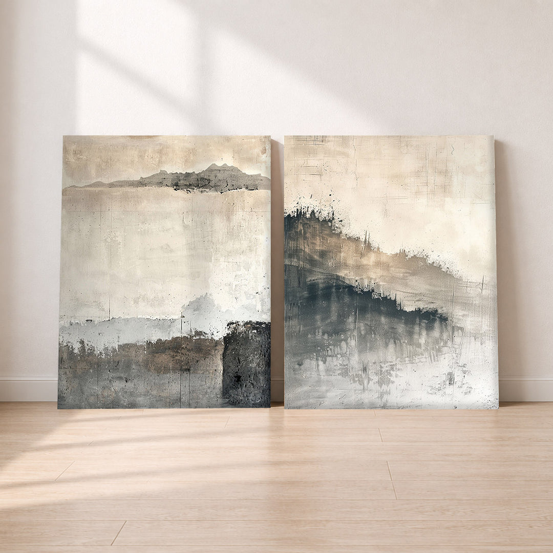 Set-Ansicht: Abstrakte Landschaft Leinwand Set – Grau & Braun (2er)