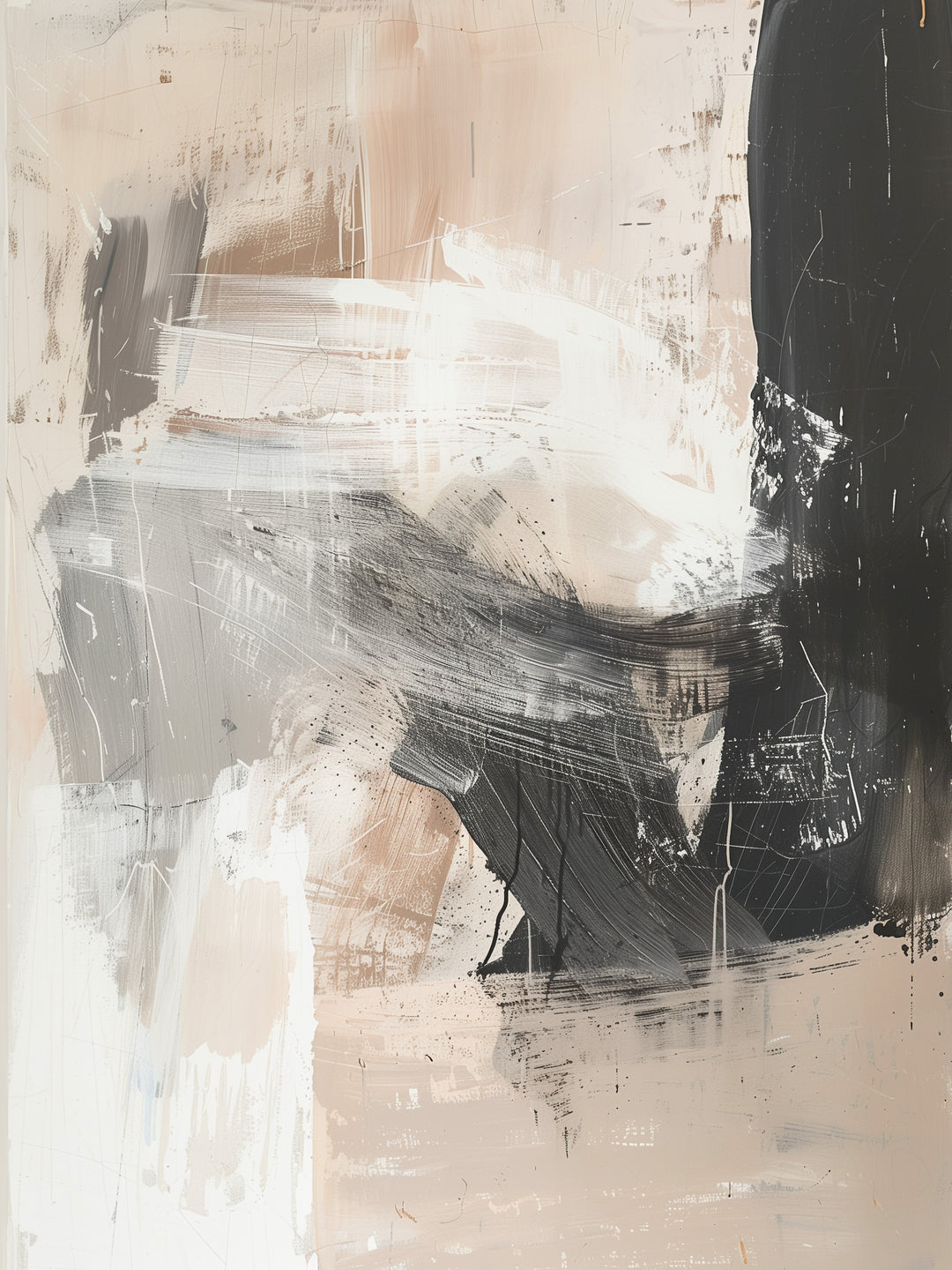 Abstrakte Pinselstriche Beige Schwarz abstrakt – Wandkunst