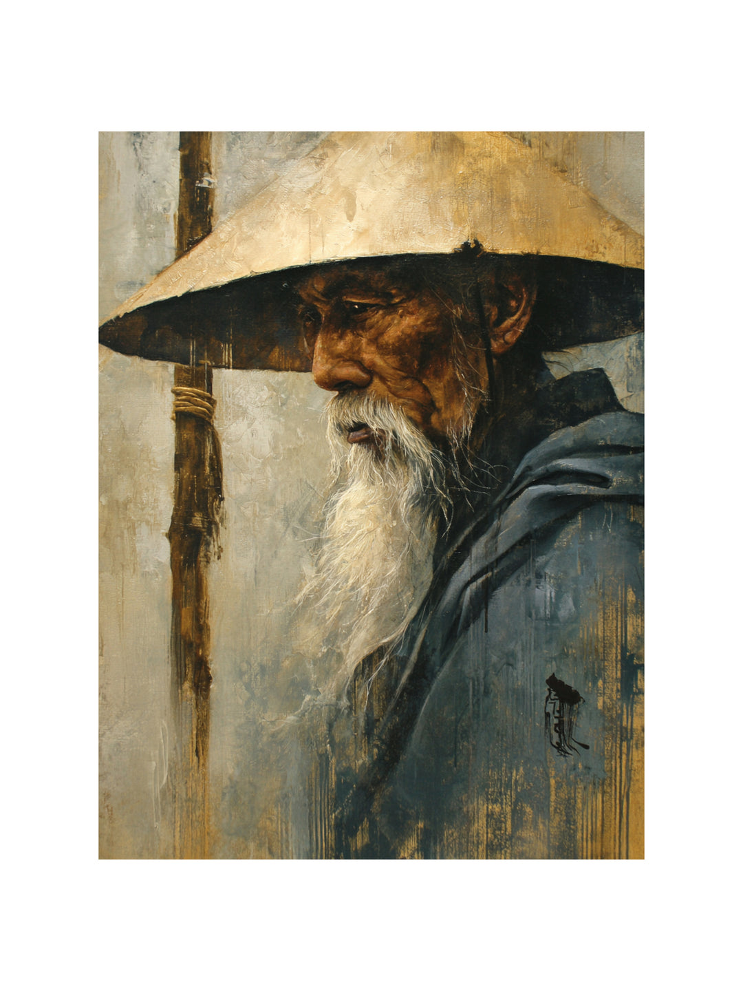 Alter Mann mit Strohhut Tusche Zen – Wandkunst