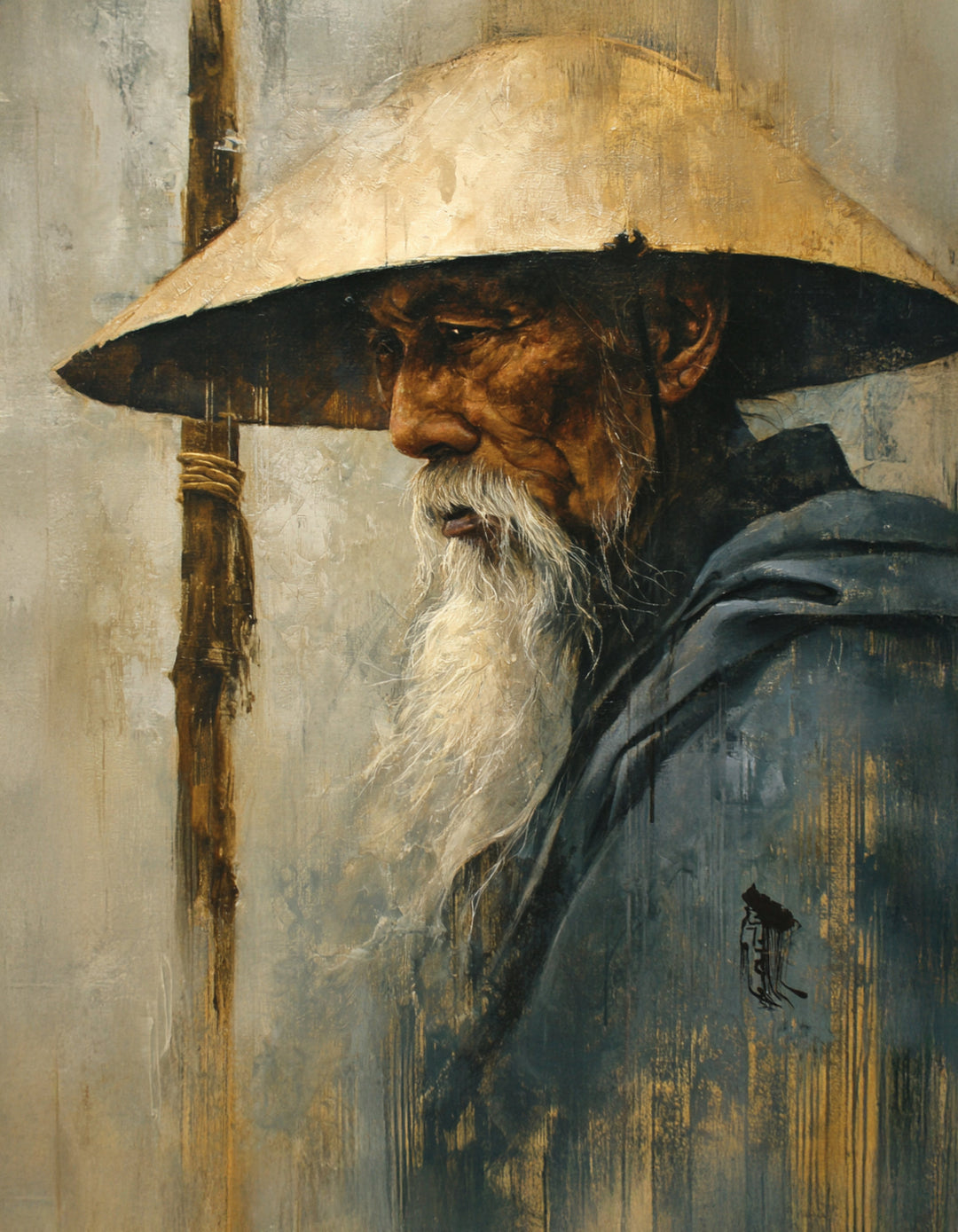 Alter Mann mit Strohhut Tusche Zen – Wandkunst