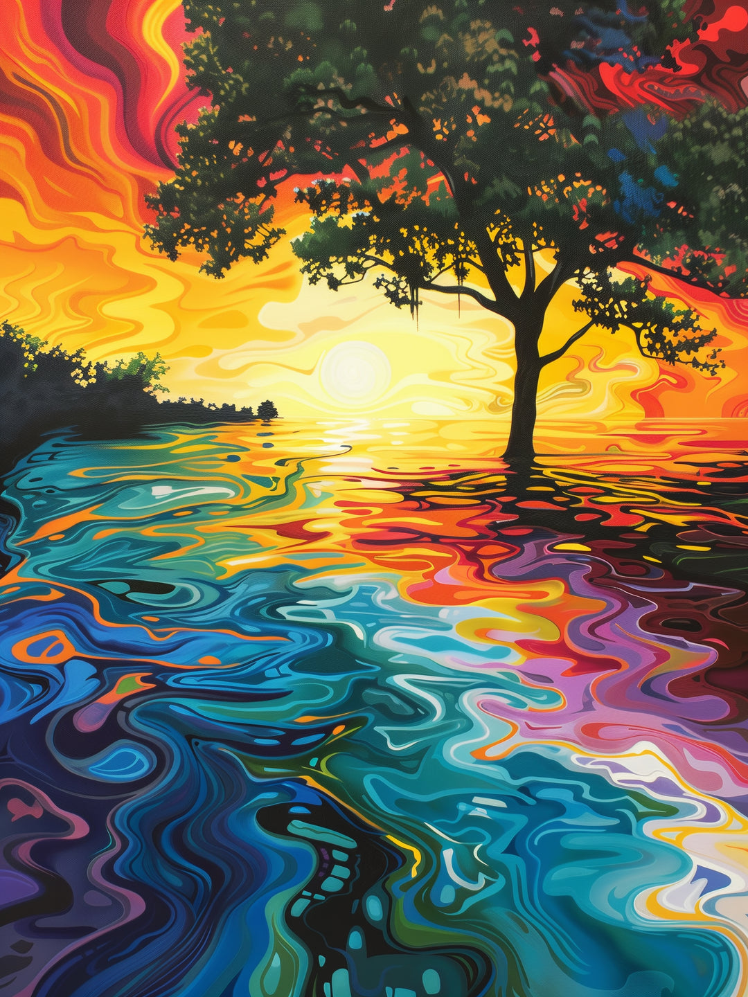 Baum am Sonnenuntergangssee Psychedelic – Wandkunst
