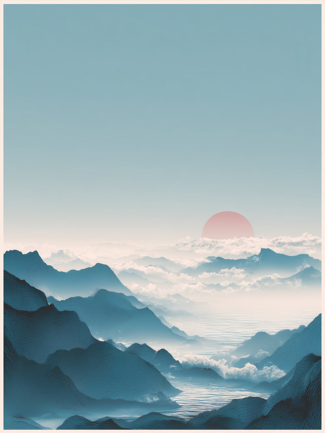 Berge mit roter Sonne Japandi – Wandkunst