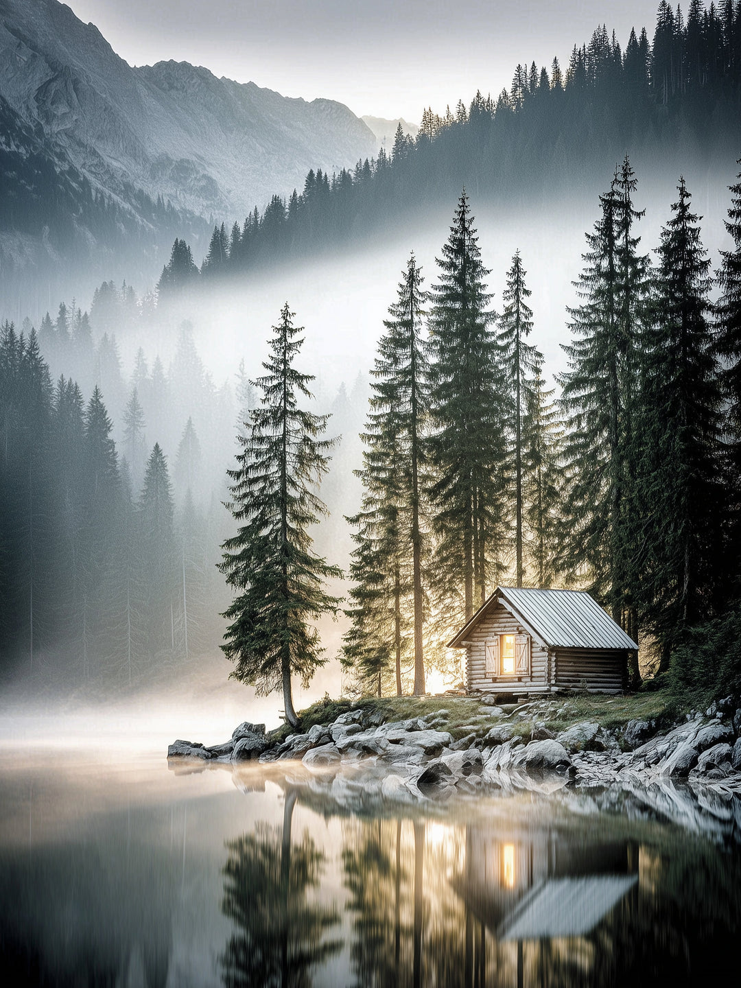 Berghütte im Morgennebel – Einzelmotiv aus dem 2er Poster Set