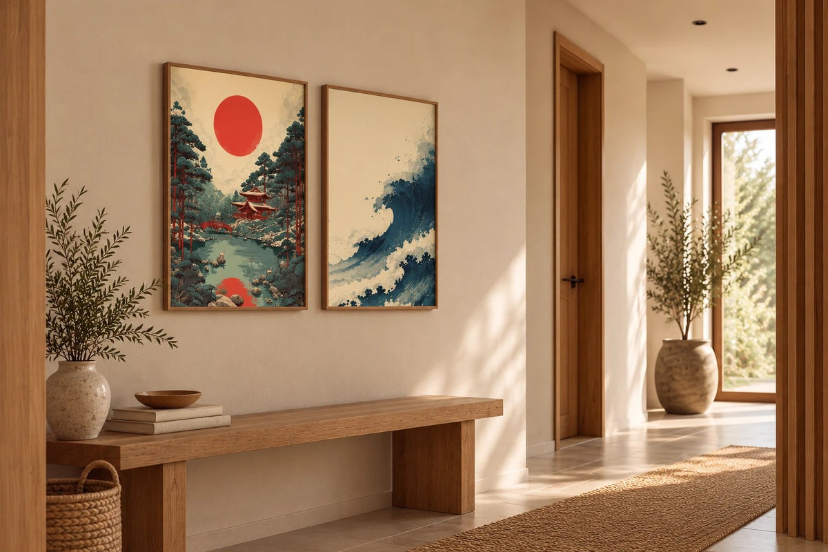 Heller Flur mit Holzbank und zwei Postern im japanischen Stil: Tempelteich unter rotem Mond und große Welle als Tuschezeichnung