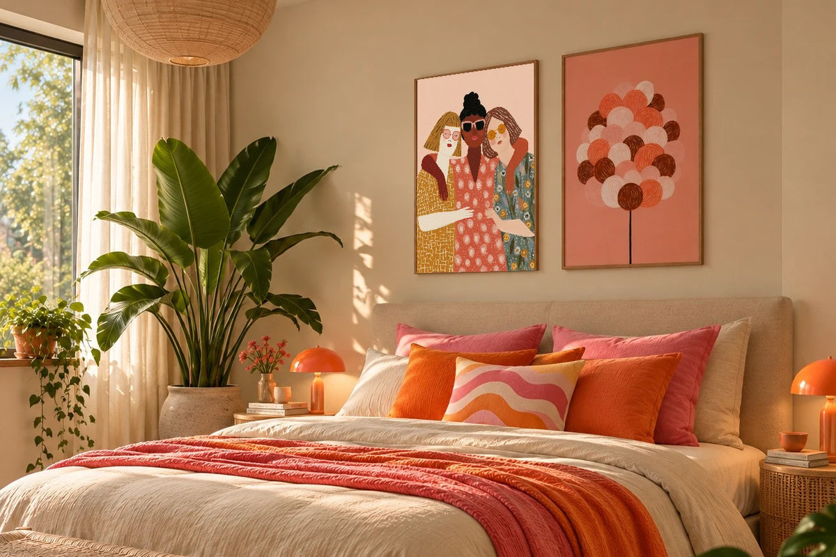 Buntes Schlafzimmer in Rosa und Orange mit zwei Postern über dem Bett: drei Freundinnen in Umarmung und ein bunter Ballonstrauß