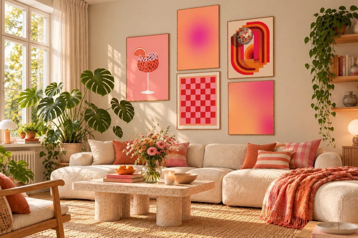 Buntes Wohnzimmer in Rosa und Orange mit Bilderwand aus fünf Postern über dem Sofa: Cocktail mit Grapefruit, zwei Aura-Farbverläufe, Discokugel und rosa-rotes Schachbrett