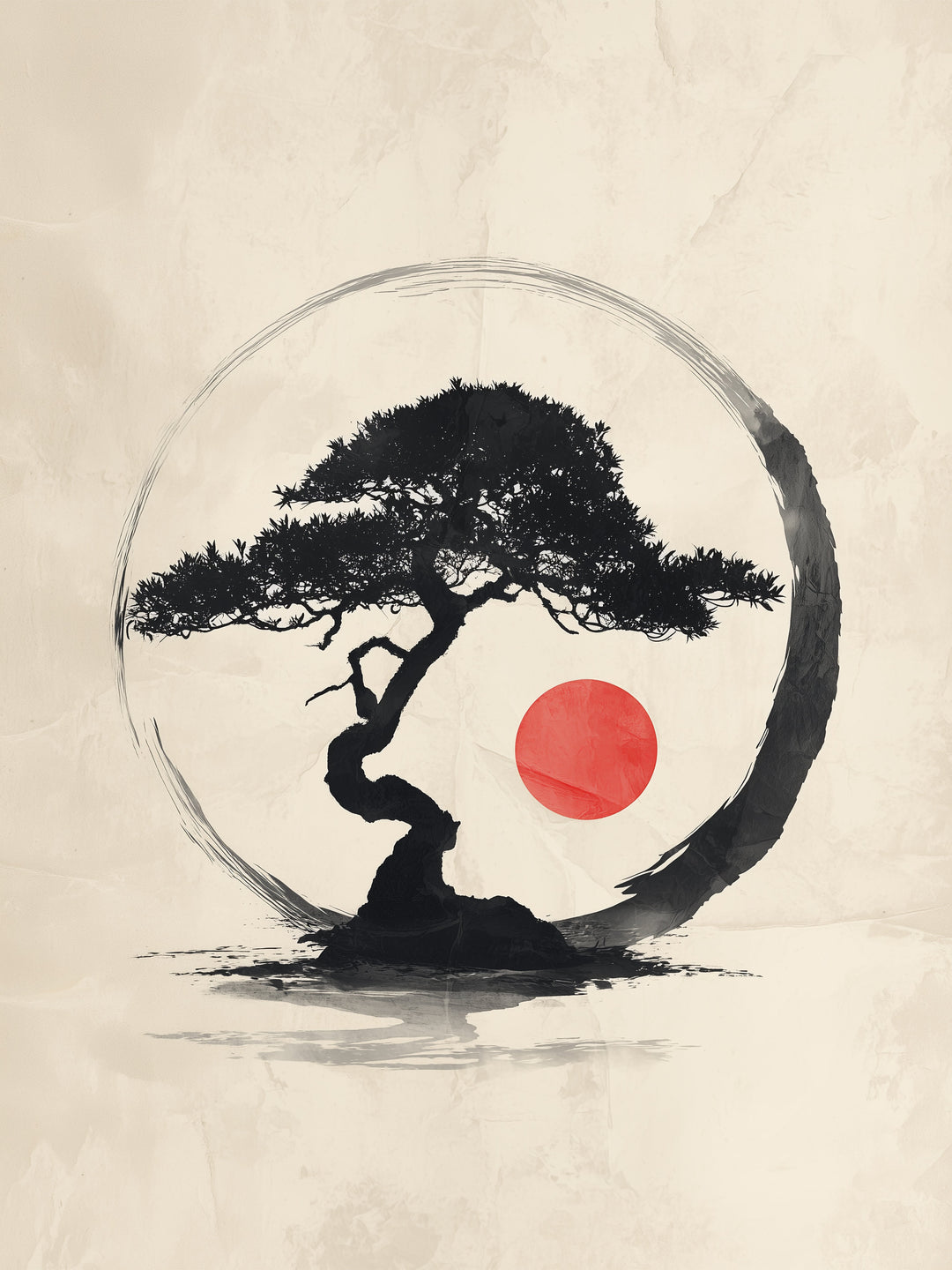 Bonsai mit roter Sonne Zen – Wandkunst