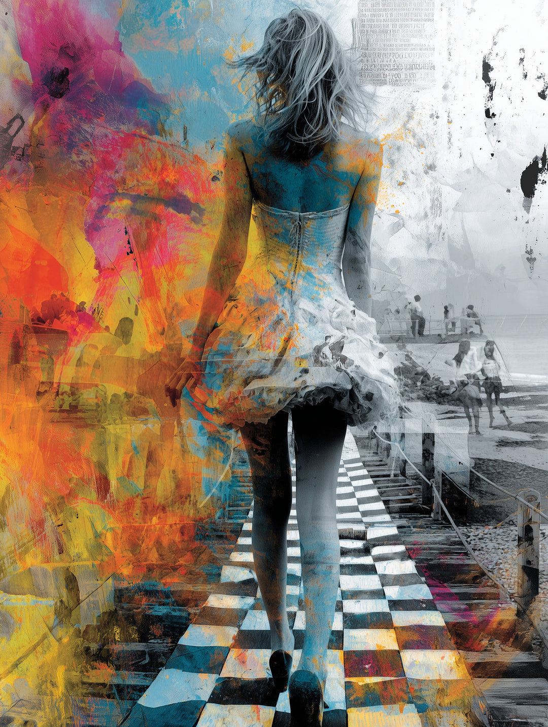Bunte surrealistische Strandfrau Psychedelic – Wandkunst