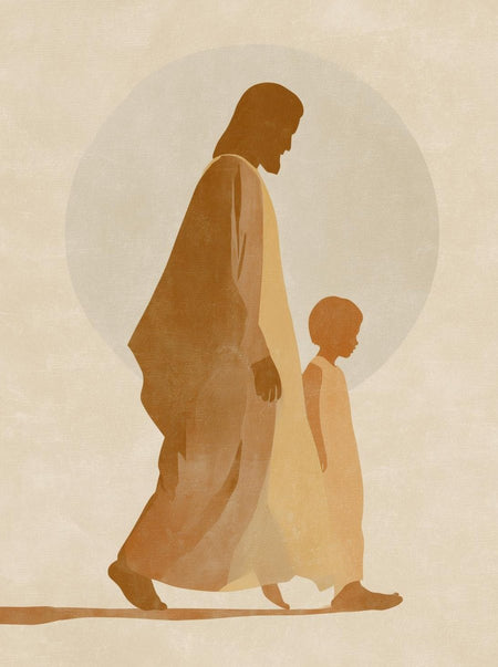 Gehender Jesus mit Kind als christliches Poster
