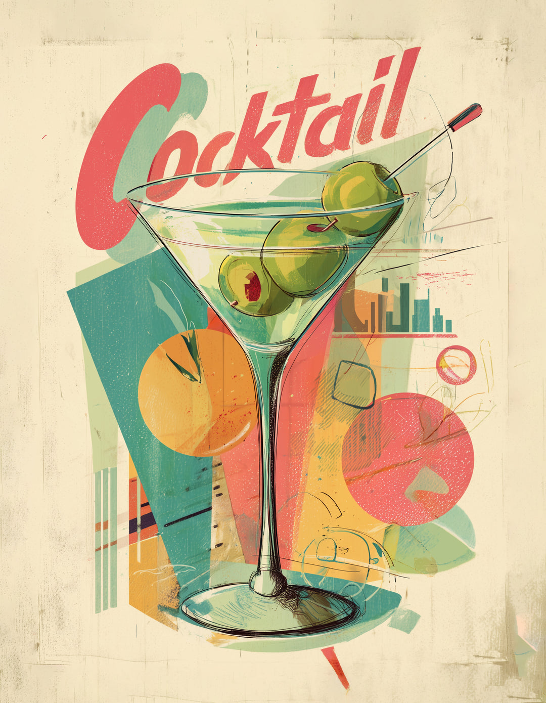 Cocktailglas mit Oliven  – Wandkunst