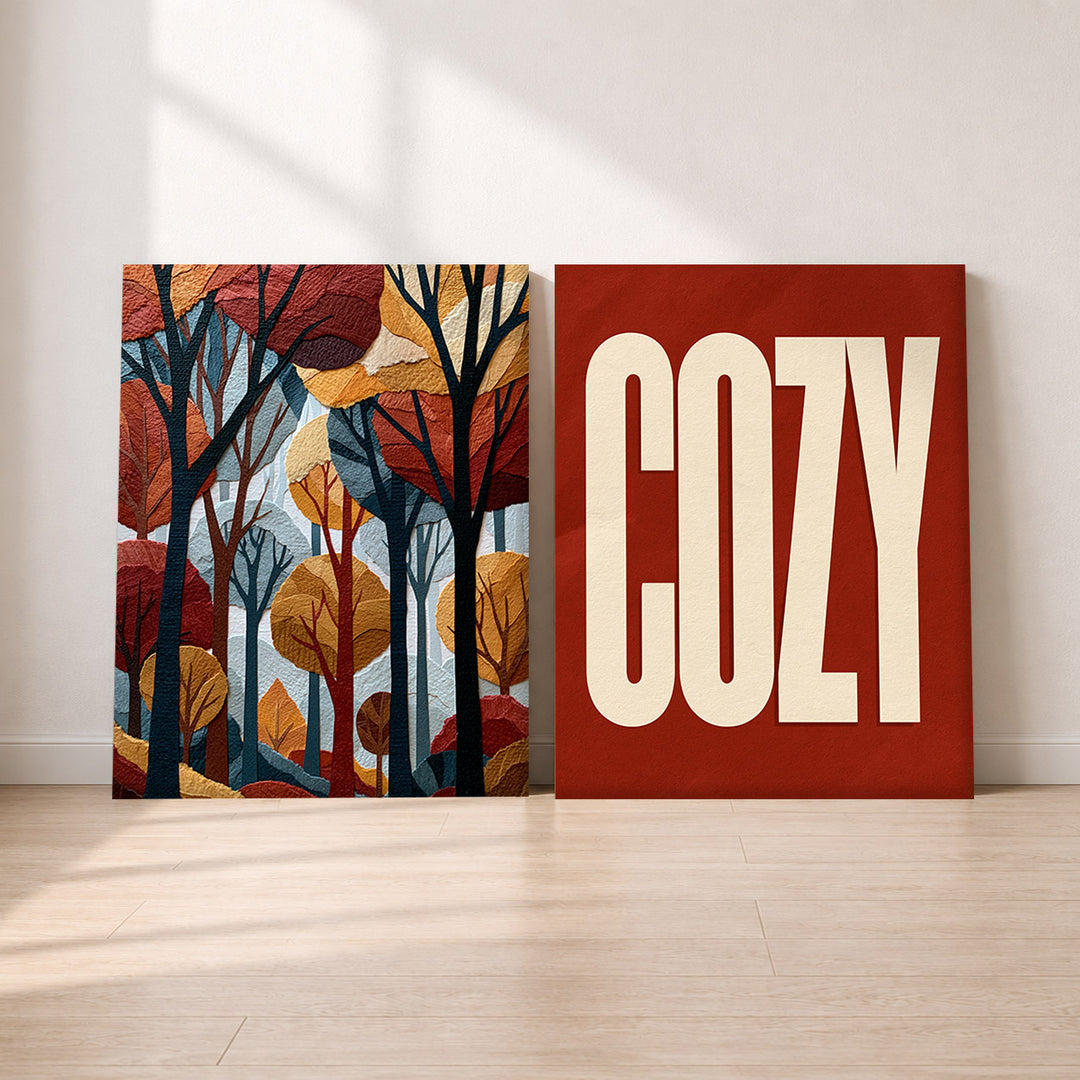Set-Ansicht: Cozy Leinwand Set – Herbstwald & Schriftzug (2er)