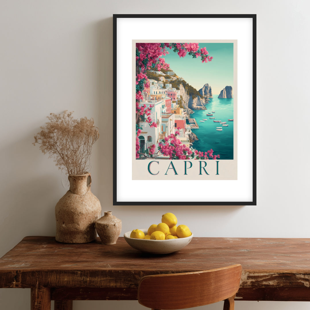 Capri im Bougainvillea-Glanz Poster – Schwarzer Rahmen – Produktfoto