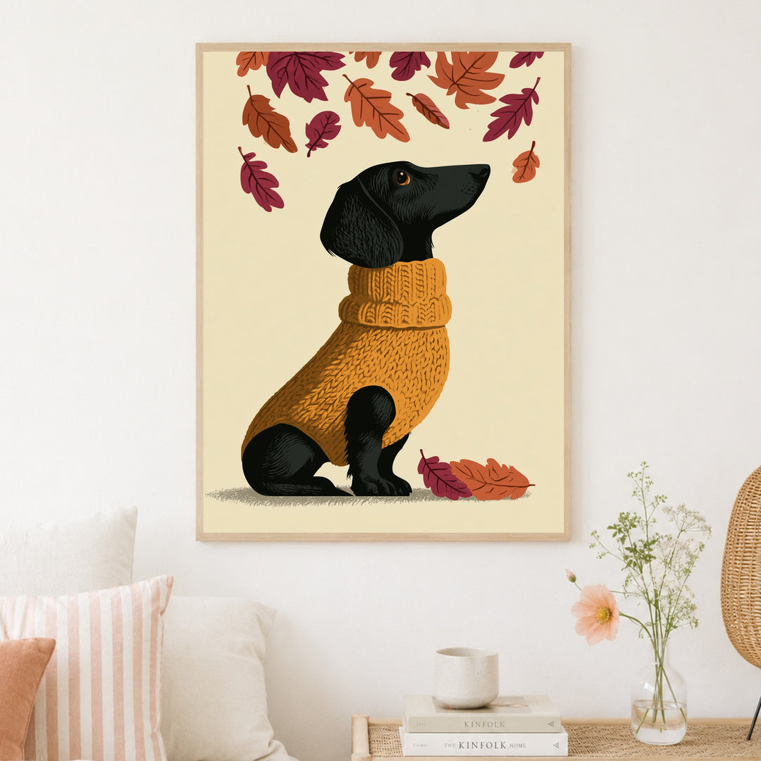 Dackel im Herbstpullover Poster – Holz natur Rahmen – Produktfoto