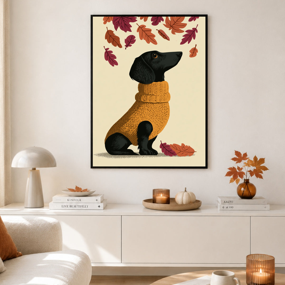 Dackel im Herbstpullover Poster – Schwarzer Rahmen – Produktfoto