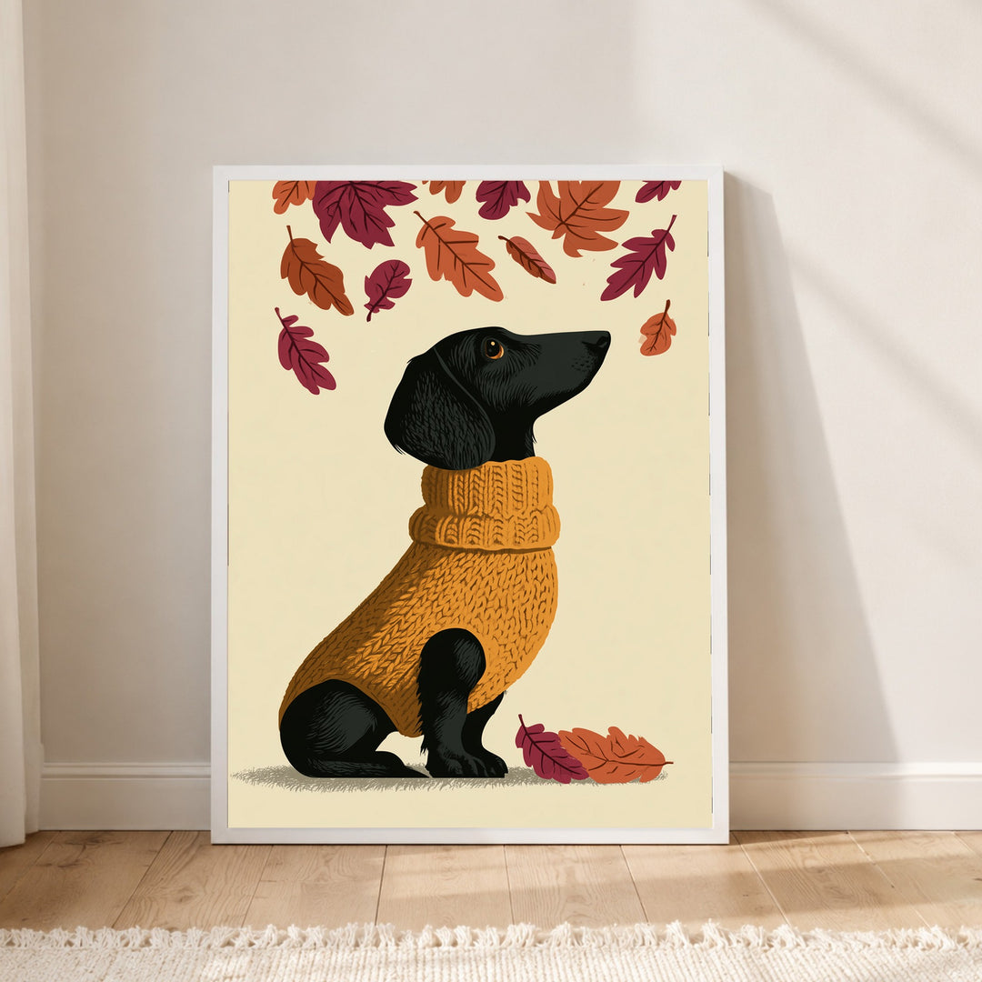 Dackel im Herbstpullover Poster – Weißer Rahmen – Produktfoto