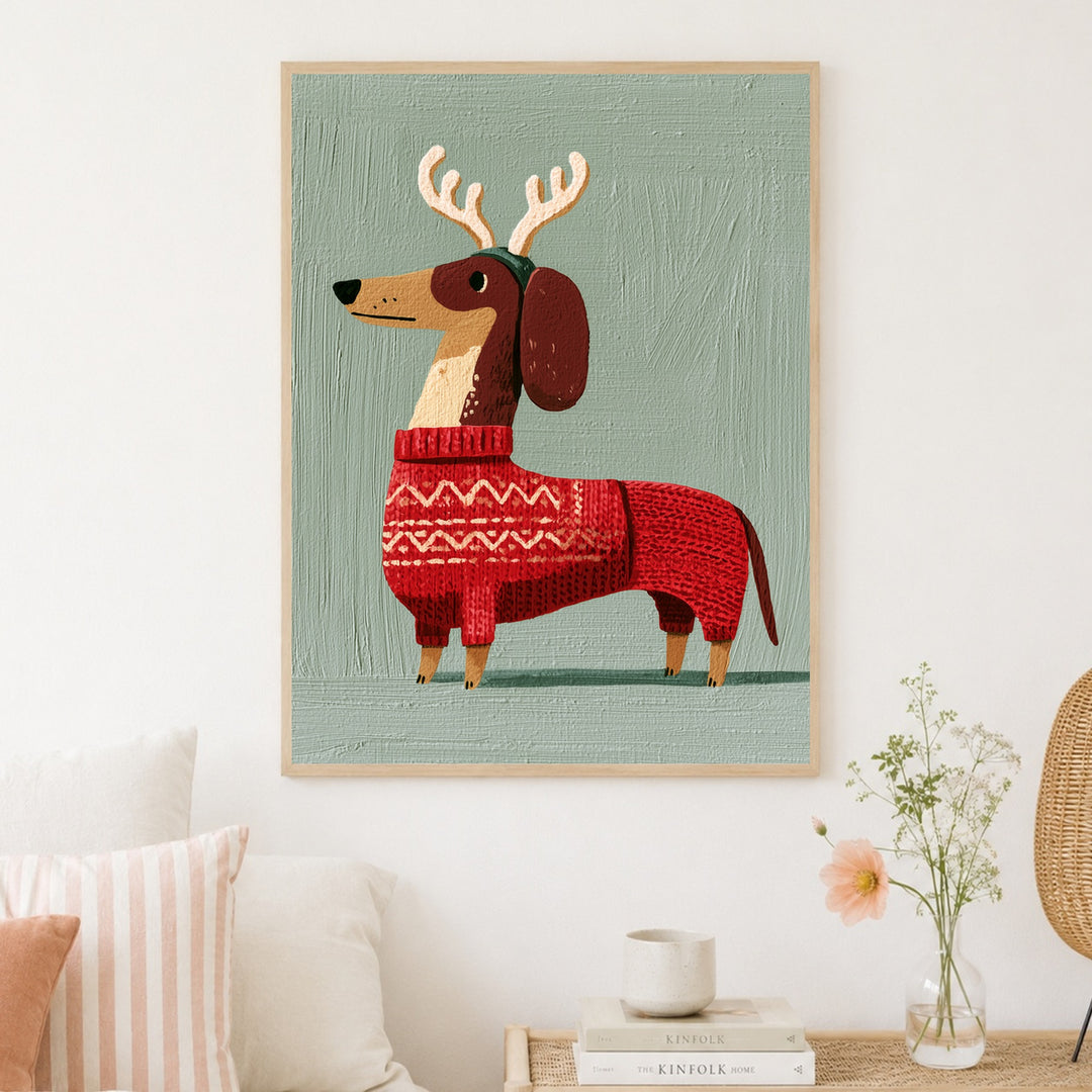 Dackel im Weihnachtspullover Poster – Holz natur Rahmen – Produktfoto