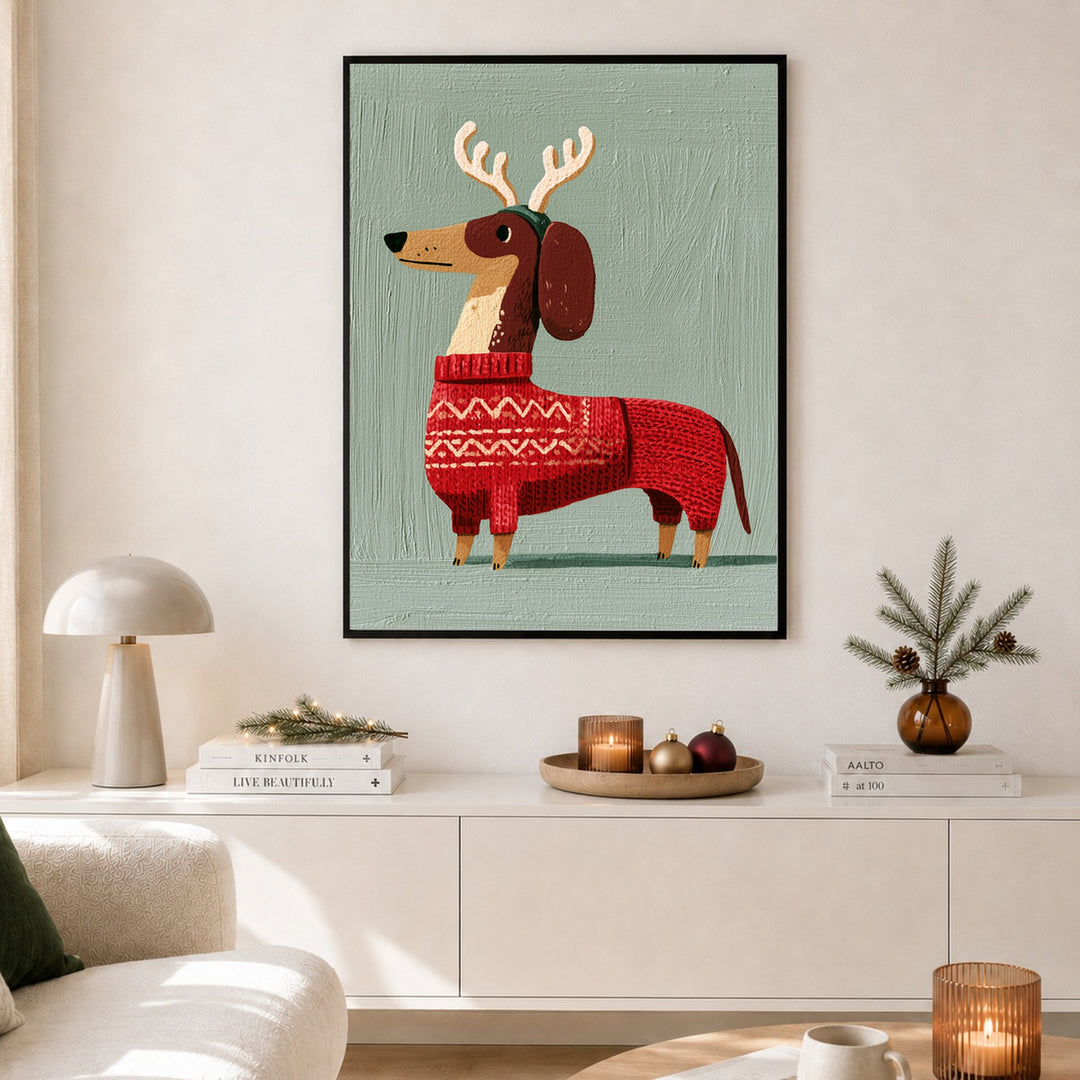 Dackel im Weihnachtspullover Poster – Schwarzer Rahmen – Produktfoto